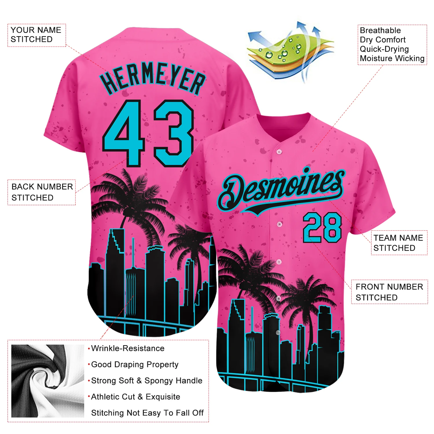 Pink Lakes Blue Black Baseball Jersey Lifestyle shot of the pink lakes blue black baseball jersey worn outdoors, perfect for a summer day.
