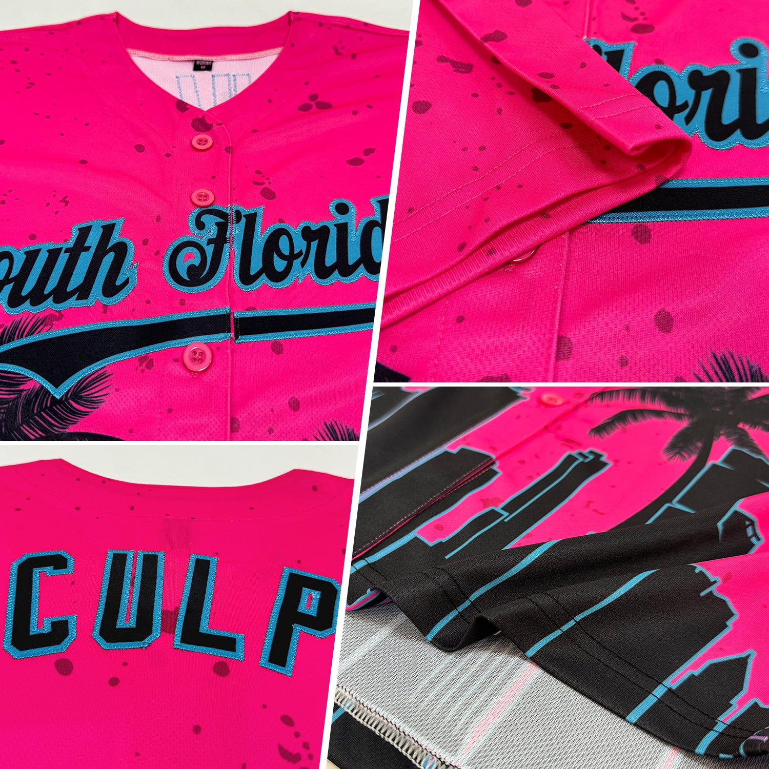 Pink Lakes Blue Black Baseball Jersey Back view of the pink lakes blue black baseball jersey with custom name and number, showcasing vibrant colors.