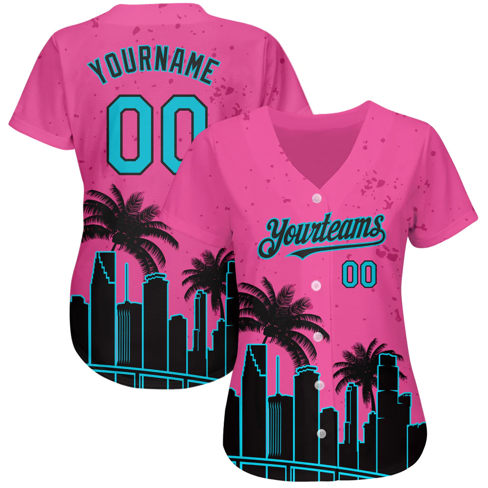 Pink Lakes Blue Black Baseball Jersey Close-up detail of the pink lakes blue black baseball jersey highlighting the intricate palm tree graphics.
