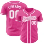 Custom pink white authentic baseball jersey front view with team logo and buttons.