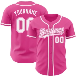 Custom pink white authentic baseball jersey front view with team logo and buttons.