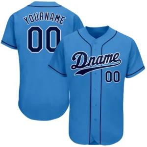 Front view of a custom powder blue baseball jersey with navy and white accents.