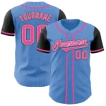 Front view of the powder blue pink black baseball jersey showcasing vibrant colors and team logo design.