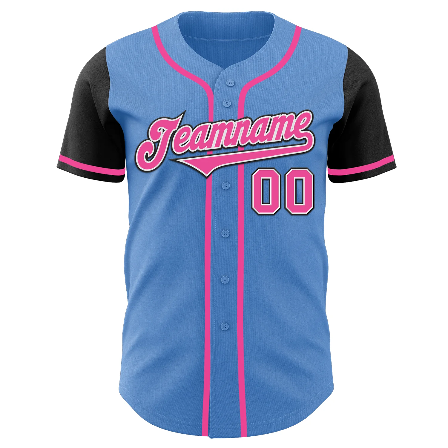 Powder Blue Pink Black Baseball Jersey Back view of the powder blue pink black baseball jersey featuring customizable name and number for personalization.