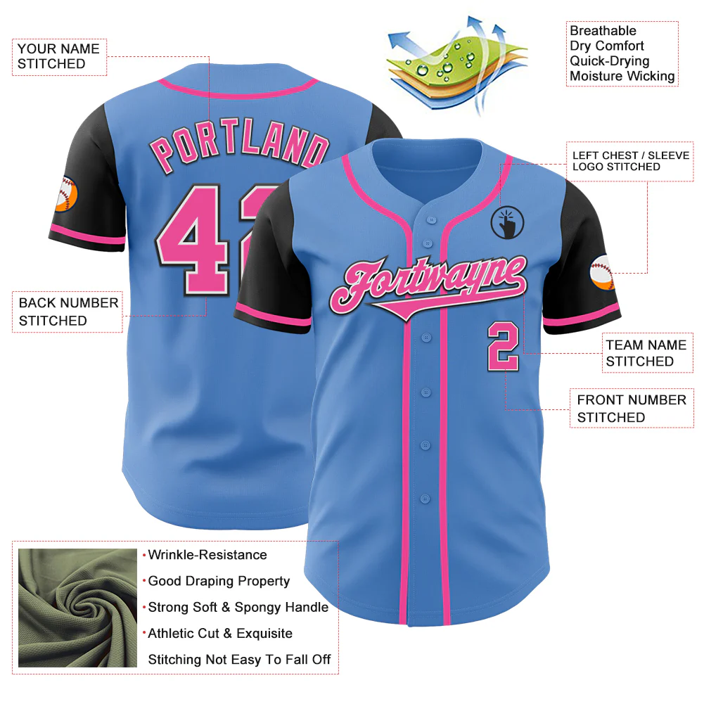 Powder Blue Pink Black Baseball Jersey Close-up detail of the powder blue pink black baseball jersey highlighting the stitching and vibrant color contrasts.