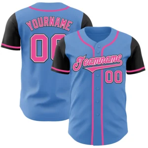 Front view of the powder blue pink black baseball jersey showcasing vibrant colors and team logo design.