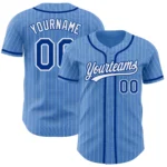 Front view of the custom powder blue white pinstripe baseball jersey showcasing its vibrant design and buttons.