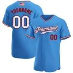 Front view of powder blue white red American flag baseball jersey with team name and number.