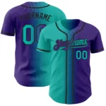Front view of the purple aqua black gradient baseball jersey showcasing vibrant color transitions.