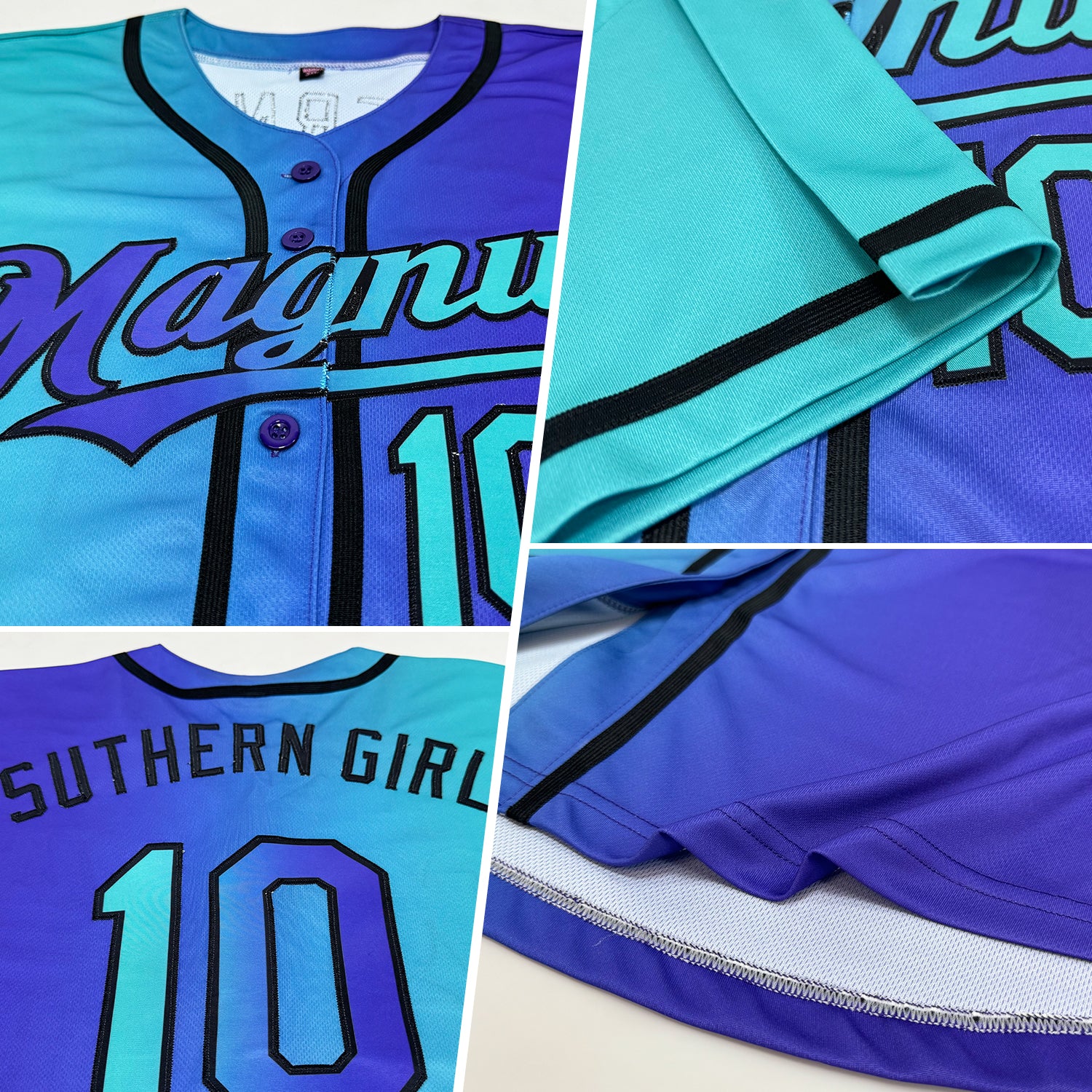 Purple Aqua Black Gradient Baseball Jersey Back view of the purple aqua black gradient baseball jersey featuring custom name and number design.
