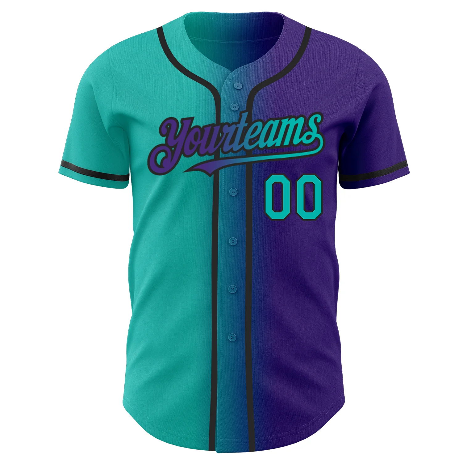 Purple Aqua Black Gradient Baseball Jersey Close-up detail of the purple aqua black gradient baseball jersey highlighting stitching and fabric texture.
