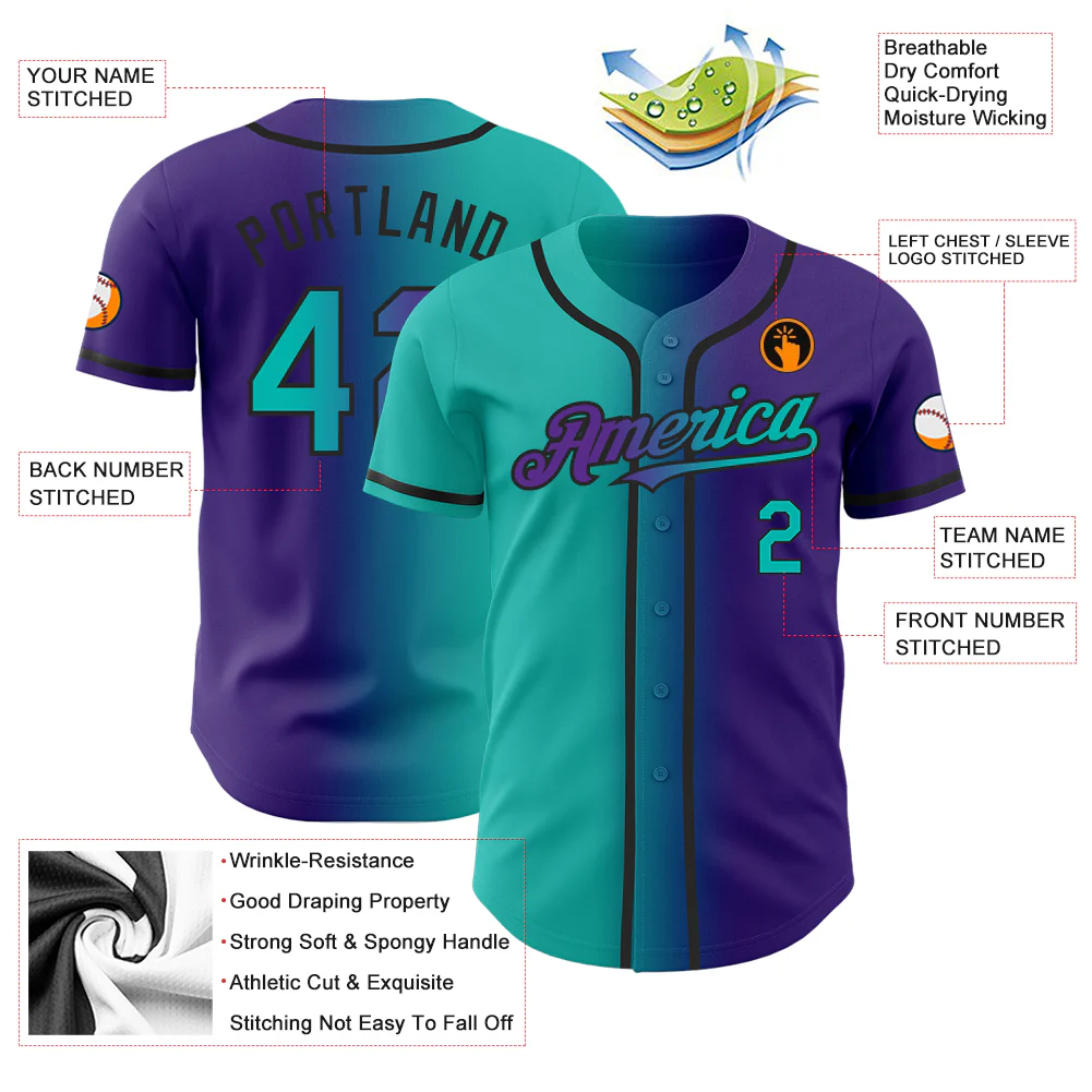 Purple Aqua Black Gradient Baseball Jersey Lifestyle shot of an athlete wearing the purple aqua black gradient baseball jersey on the field.