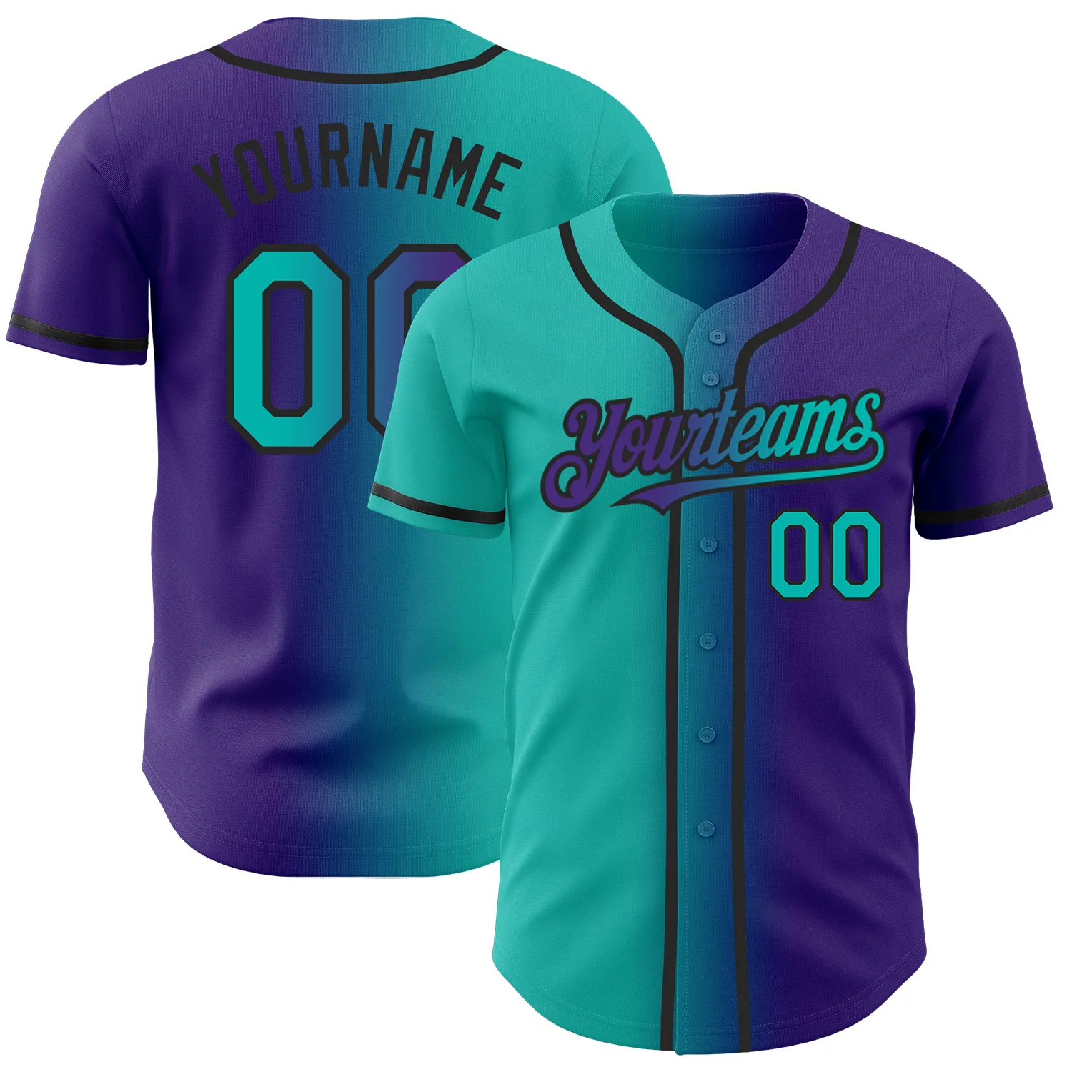 Purple Aqua Black Gradient Baseball Jersey Front view of the purple aqua black gradient baseball jersey showcasing vibrant color transitions.