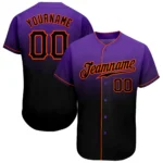 Front view of the purple black orange fade baseball jersey featuring bold team name and number.