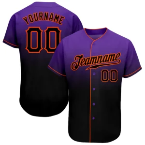Front view of the purple black orange fade baseball jersey featuring bold team name and number.