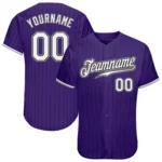 Front view of a custom purple black pinstripe baseball jersey with team name and number.