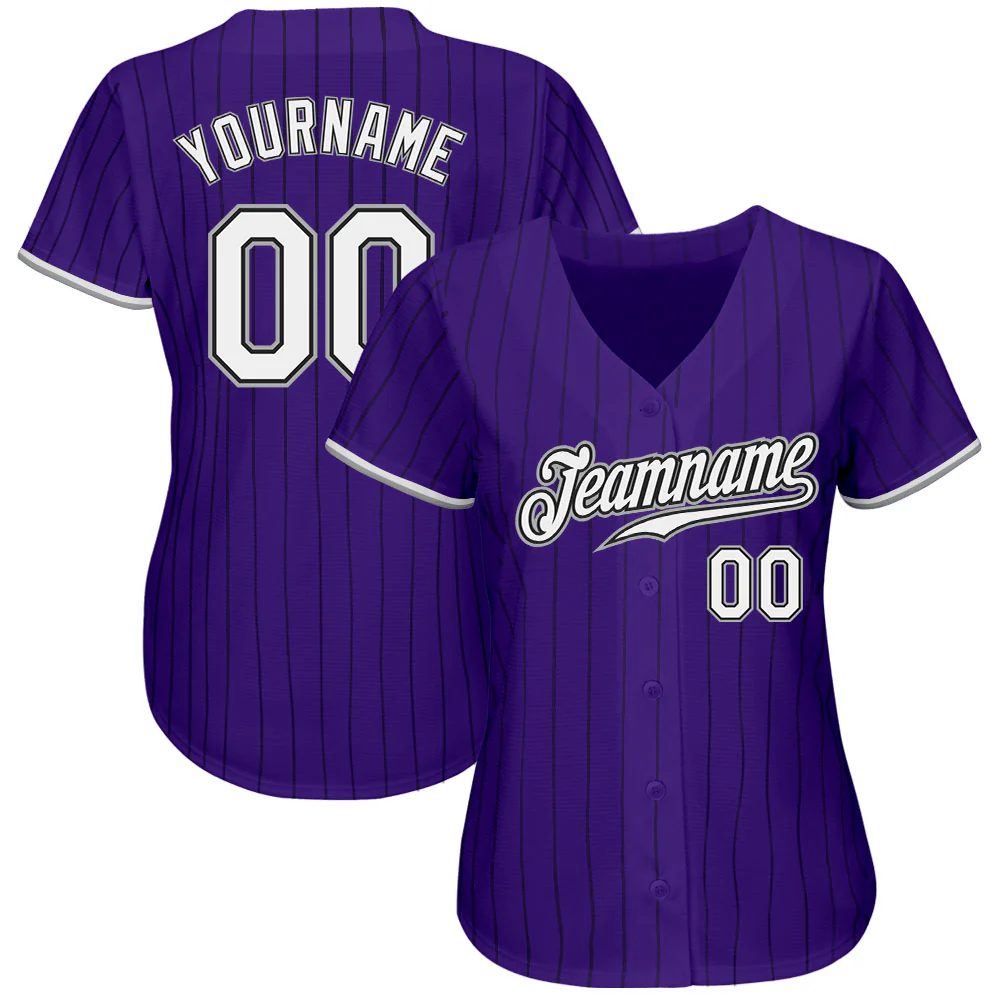 Purple Black Pinstripe Baseball Jersey Back view showcasing the custom purple black pinstripe baseball jersey with 'YOURNAME' and number 00.