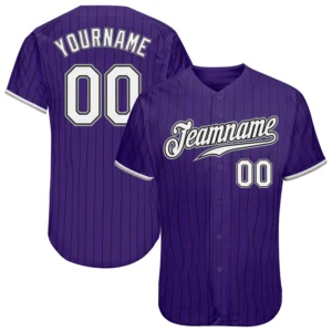 Front view of a custom purple black pinstripe baseball jersey with team name and number.