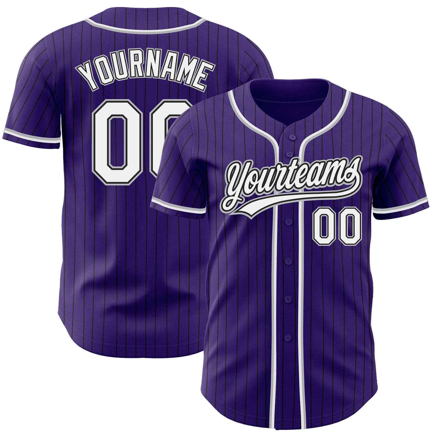 Purple Black Pinstripe Baseball Jersey Flat lay of the purple black pinstripe baseball jersey with accessories for a complete sports outfit.