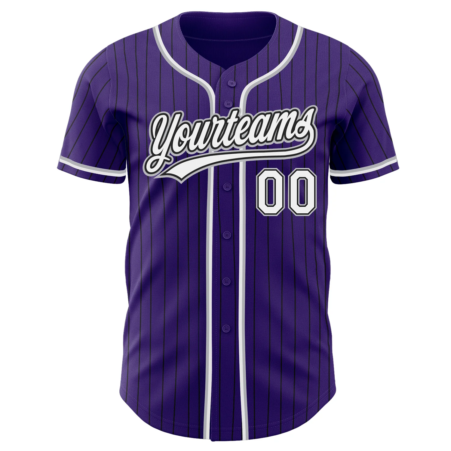 Purple Black Pinstripe Baseball Jersey Action shot of a player swinging a bat while wearing the purple black pinstripe baseball jersey.