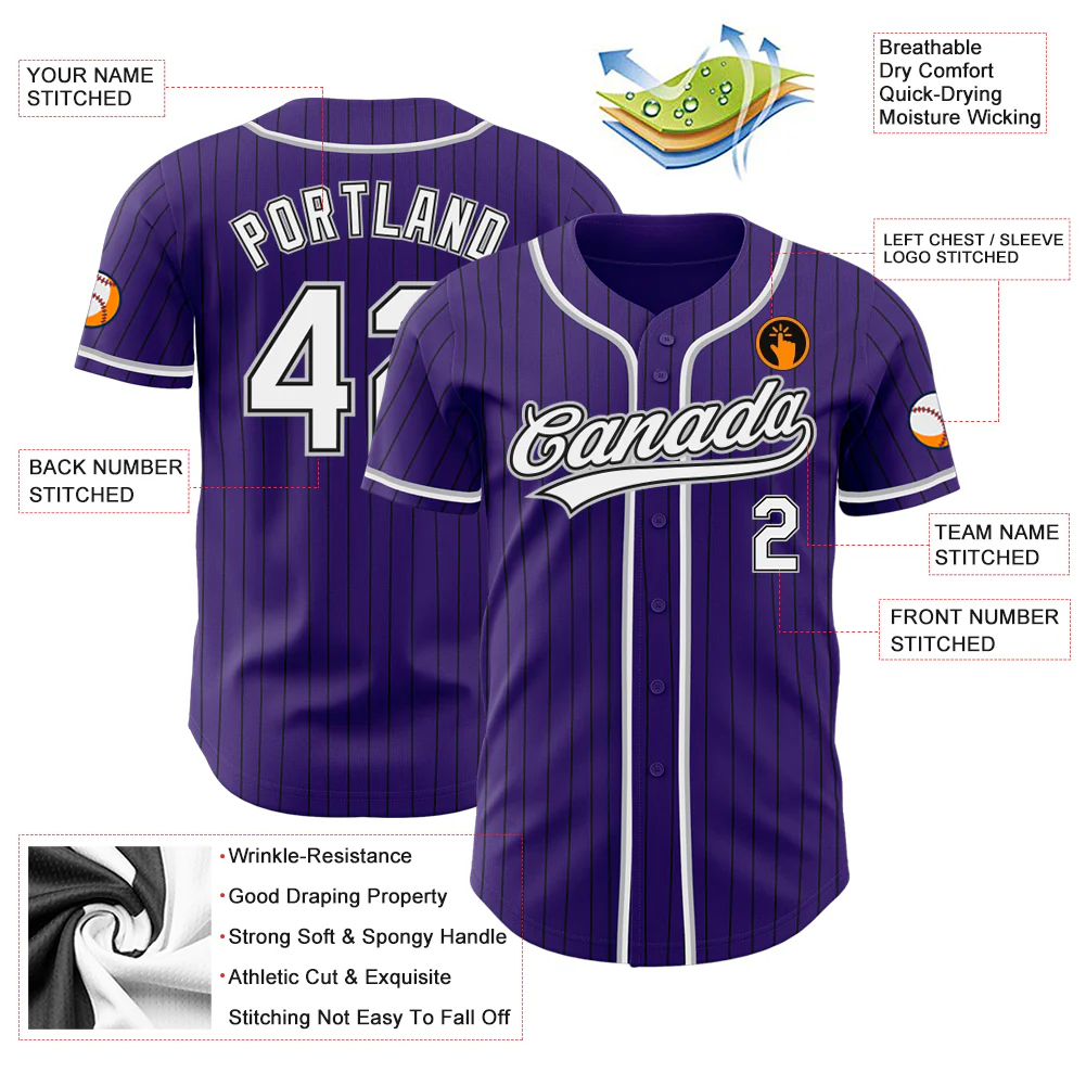 Purple Black Pinstripe Baseball Jersey Zoomed view of the button details on the purple black pinstripe baseball jersey, emphasizing craftsmanship.