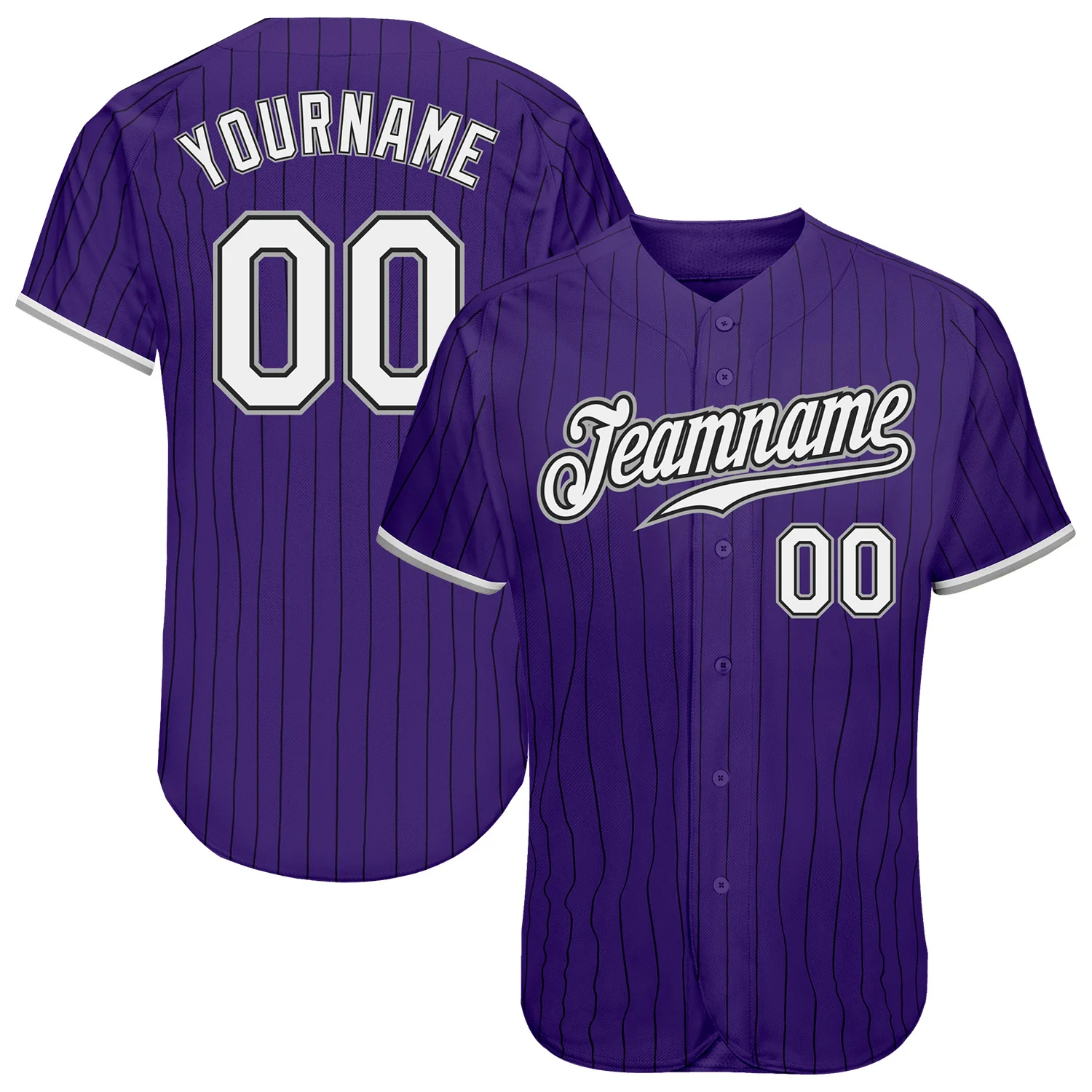 Purple Black Pinstripe Baseball Jersey Front view of a custom purple black pinstripe baseball jersey with team name and number.