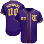 Front view of the custom purple gold white authentic baseball jersey with vibrant color details.
