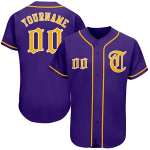 Front view of the custom purple gold white authentic baseball jersey with vibrant color details.