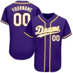 Front view of the custom purple white gold baseball jersey showcasing vibrant colors and stylish design.