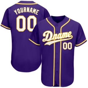 Front view of the custom purple white gold baseball jersey showcasing vibrant colors and stylish design.