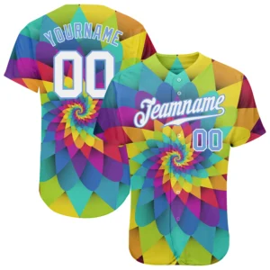 Front view of the custom baseball jersey showcasing a vibrant 3D pattern design rainbow spiral in purple and blue.