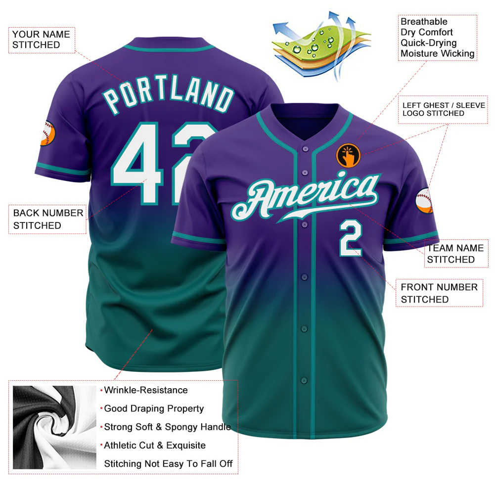 Purple White Teal Authentic Fade Baseball Jersey Back view of the purple white teal authentic fade baseball jersey featuring custom name and number details.