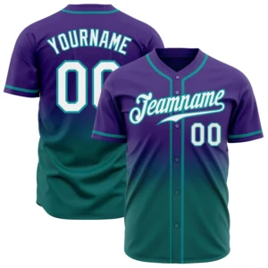 Front view of the purple white teal authentic fade baseball jersey showcasing vibrant colors and stylish design.