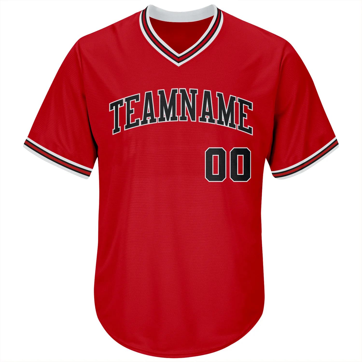 Red Black White Throwback Rib Knit Baseball Jersey Model wearing the red black white throwback jersey with a baseball cap, capturing a casual sporty look.