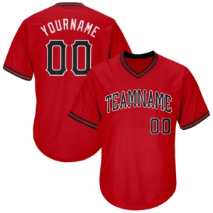 Custom red black white throwback jersey showing front view with bold team name and number 00 design.