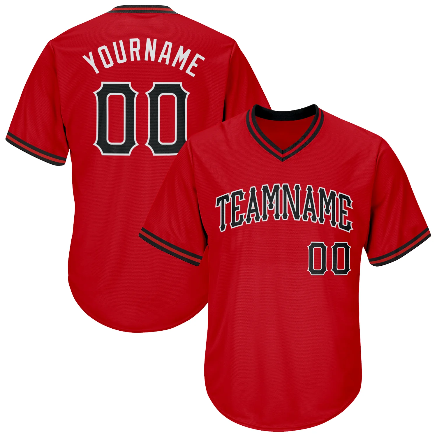 Red Black White Throwback Rib Knit Baseball Jersey Custom red black white throwback jersey showing front view with bold team name and number 00 design.