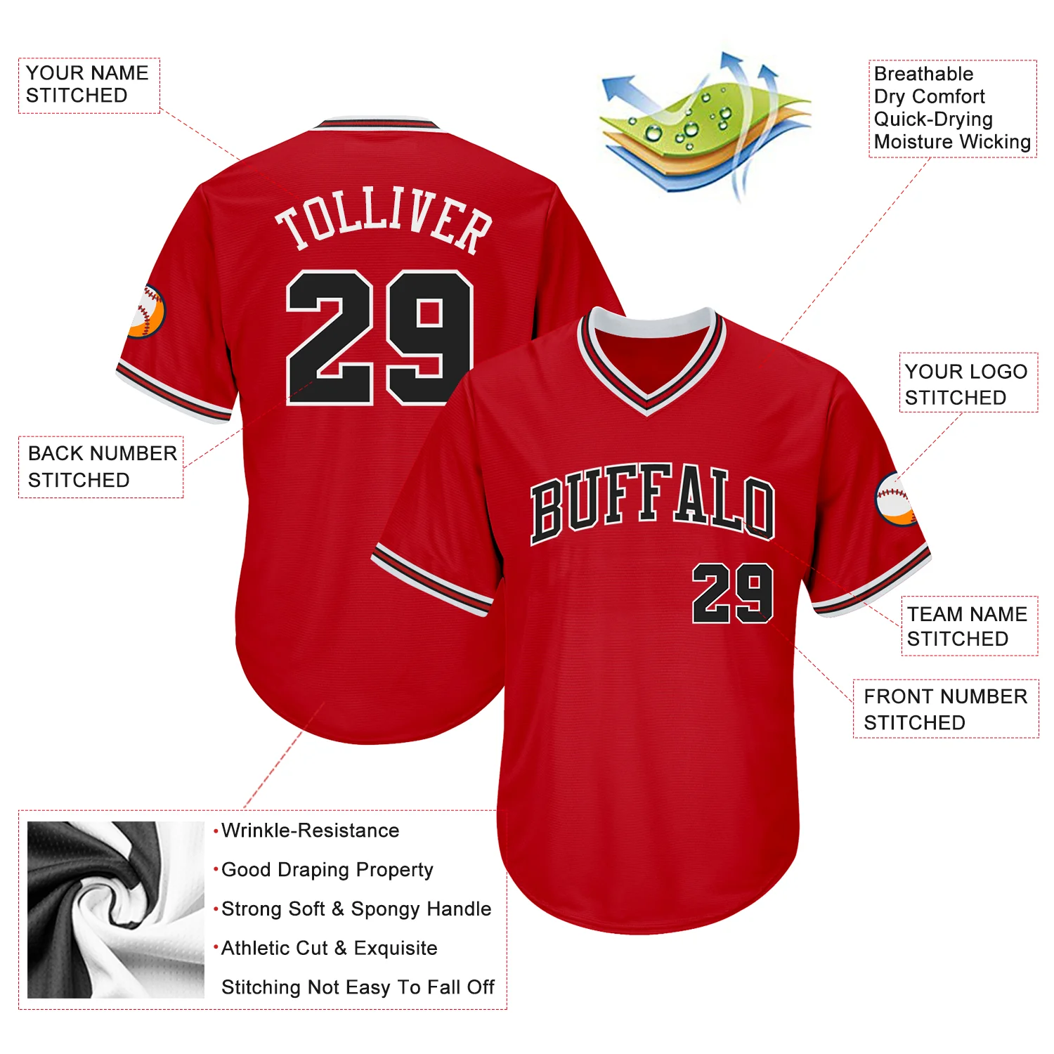 Red Black White Throwback Rib Knit Baseball Jersey Detailed view of the collar and sleeve design on the red black white throwback jersey, emphasizing craftsmanship.