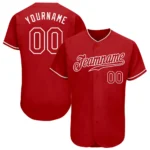 Front view of the custom red white baseball jersey featuring a bold team name and number design.