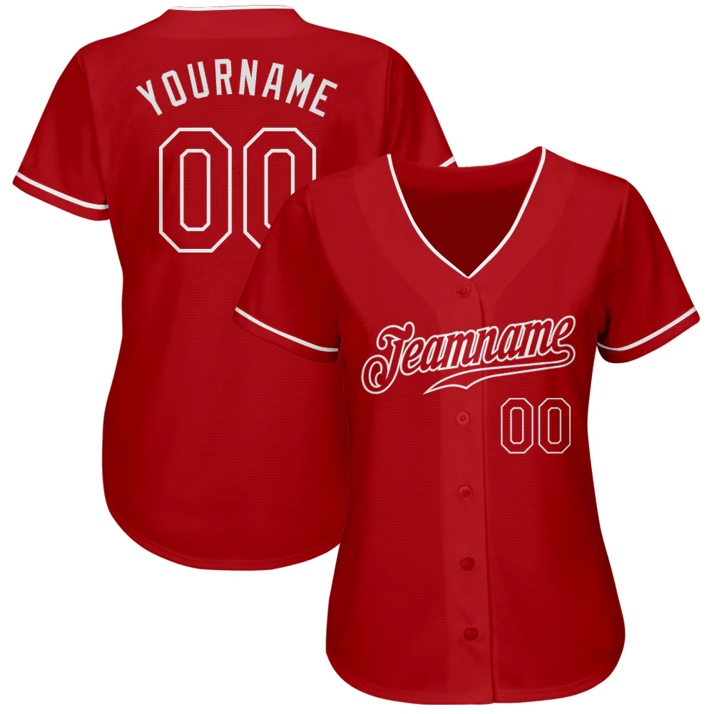 Red White Authentic Baseball Jersey Close-up of the red white baseball jersey's fabric and embroidery, highlighting quality craftsmanship.