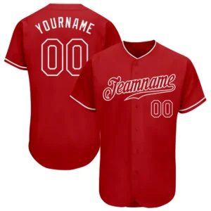 Front view of the custom red white baseball jersey featuring a bold team name and number design.