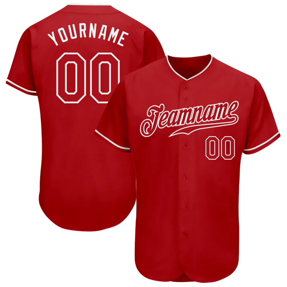 Red White Authentic Baseball Jersey Front view of the custom red white baseball jersey featuring a bold team name and number design.