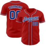 Front view of the custom red royal white baseball jersey showcasing vibrant colors and team name.