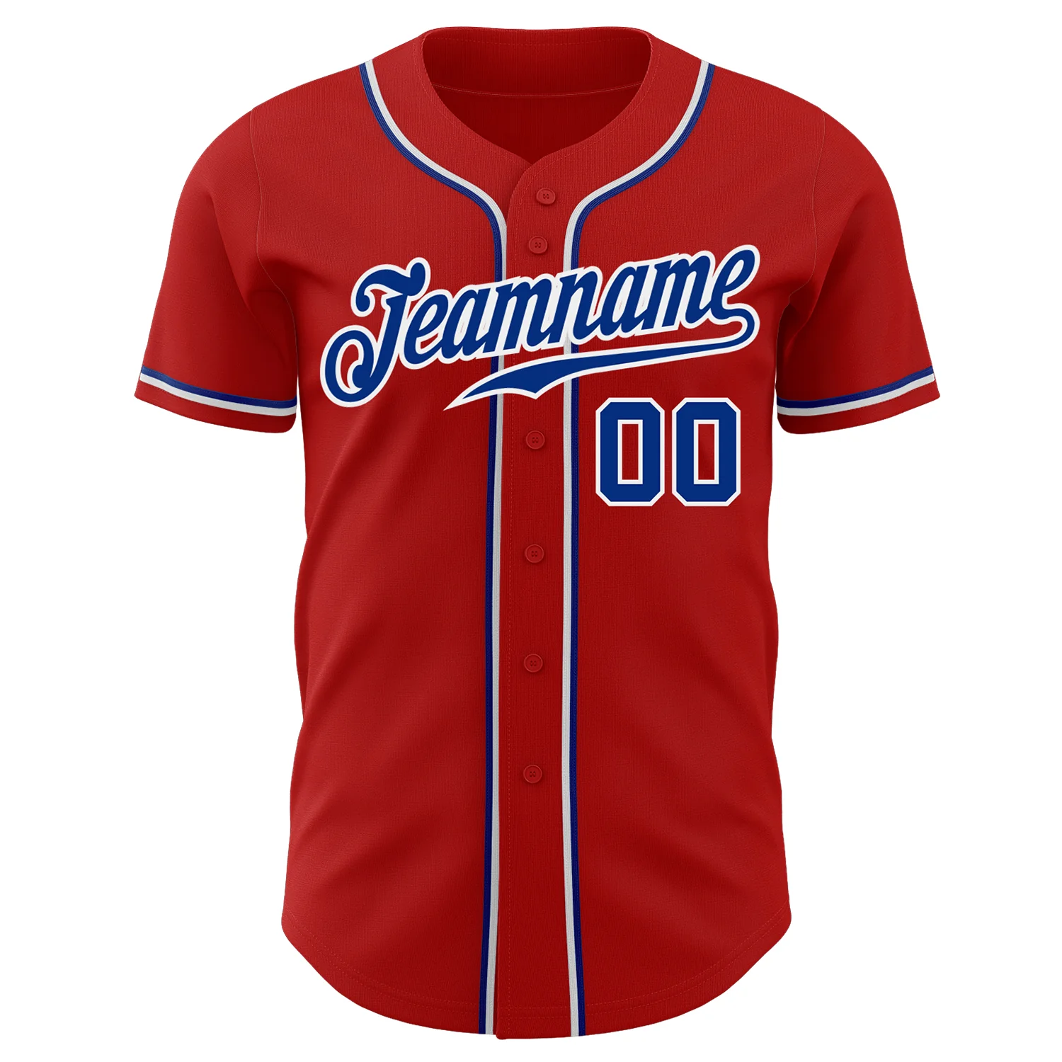 Red Royal White Baseball Jersey Back view of the red royal white baseball jersey featuring personalized name and number details.