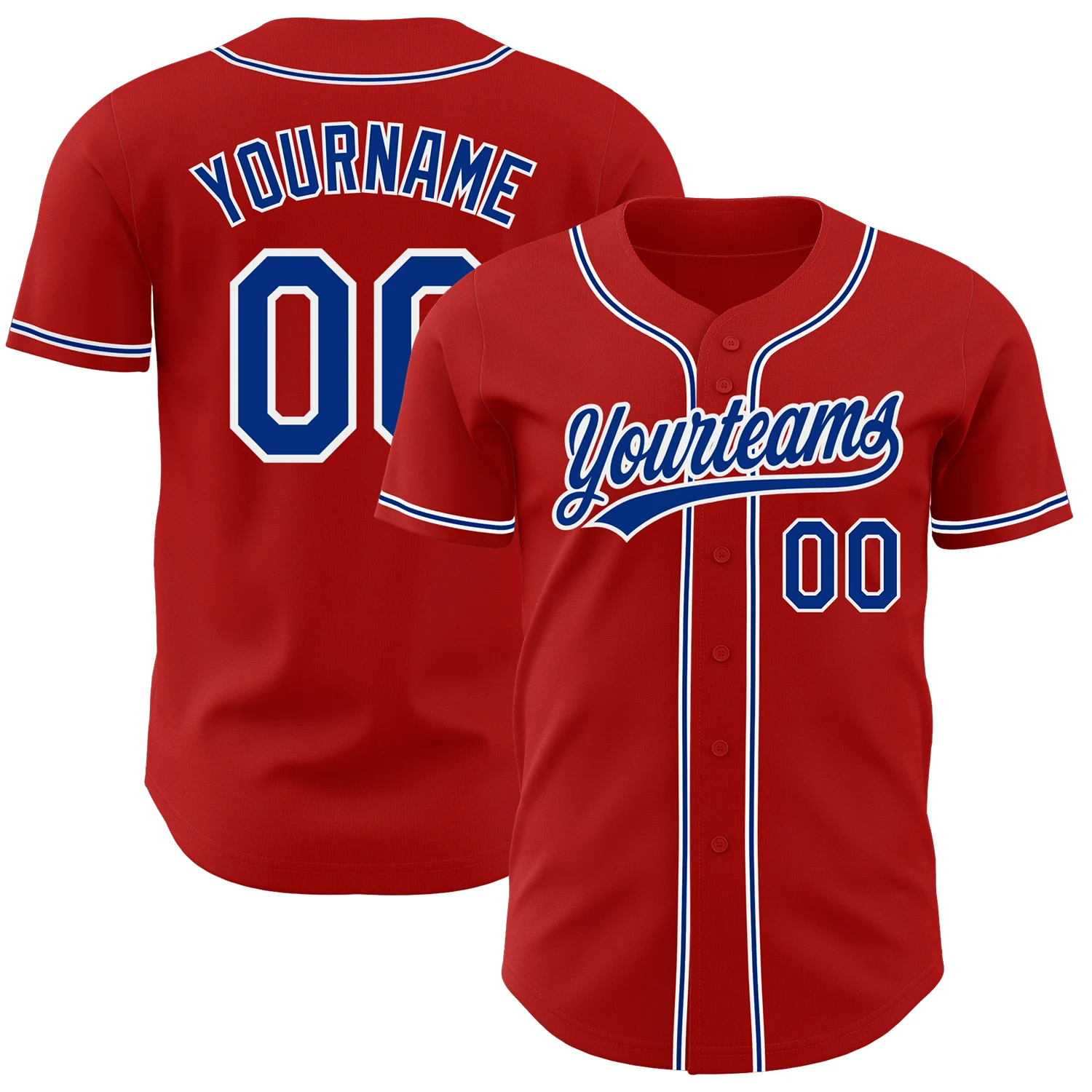 Red Royal White Baseball Jersey Flat lay of the red royal white baseball jersey with a baseball and cap for a sporty look.