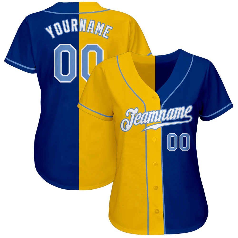 Light Blue Yellow Split Fashion Baseball Jersey Back view of the light blue yellow split fashion baseball jersey highlighting the customizable name and number.
