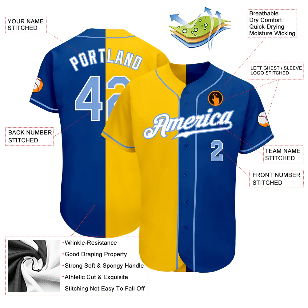 Light Blue Yellow Split Fashion Baseball Jersey Close-up of the light blue yellow split fashion baseball jersey's buttons and fabric texture for detailed inspection.