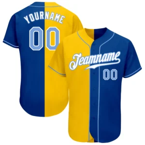 Front view of the light blue yellow split fashion baseball jersey showcasing its unique color blocking design.
