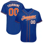 Front view of the royal orange pinstripe baseball jersey showcasing vibrant colors and bold team logo.