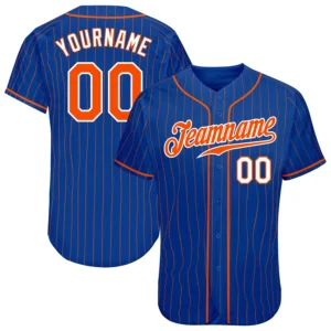 Front view of the royal orange pinstripe baseball jersey showcasing vibrant colors and bold team logo.