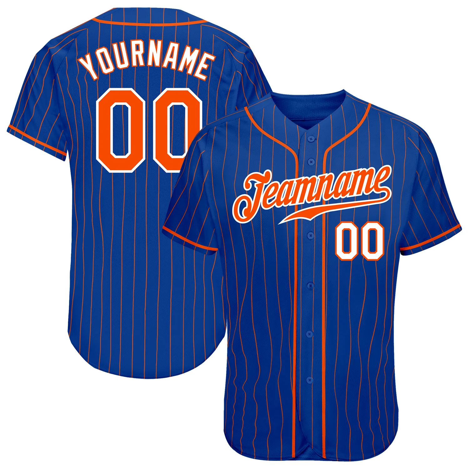 Royal Orange Pinstripe Baseball Jersey Front view of the royal orange pinstripe baseball jersey showcasing vibrant colors and bold team logo.